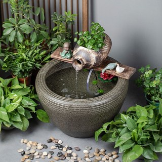 廠家直銷 大型陶瓷魚缸 流水噴泉造景魚缸 落地大水缸水族箱 生態迷你魚缸, 1個, 特大號條紋 陶罐流水 配底座