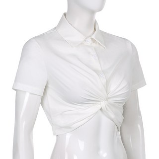 法式翻領高腰扭結露臍短版襯衫 - 復古 Polo 領顯瘦上衣