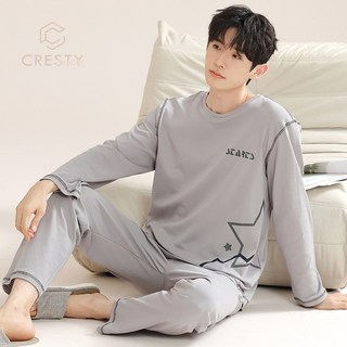 CRESTY 남성용 봄과 가을 데일리 홈웨어 긴팔 잠옷 세트