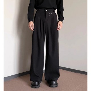 褶皺西褲男款秋季垂墜感高級感褲直筒美式闊腿休閑長褲半鬆緊腰部高值量西裝褲寬褲落地黑色長褲