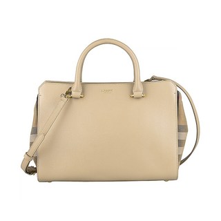 BURBERRY BANWELL 燙金LOGO牛皮格紋帆布手提肩背斜背包, 栗子米x多色
