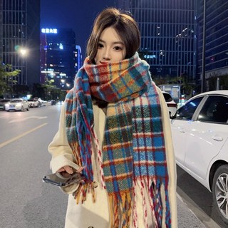 彩虹格子仿羊絨圍巾 - 2025秋冬新款保暖披肩/圍脖