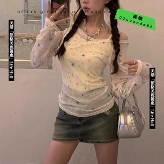 星星印花 一字肩 罩衫, 星星印花 精品印花面料,S 推薦45公斤內