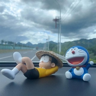 哆啦A夢大雄 悠哉汽車擺件 桌面擺飾 車載裝飾品, 1個, 草帽大雄+蓝胖+无痕胶