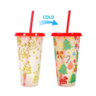 크리스마스 색상 변하는 플라스틱 빨대컵 산타 디자인 재사용 가능한 뚜껑 있는 파티용 아이스 음료 선물, 02 Mix