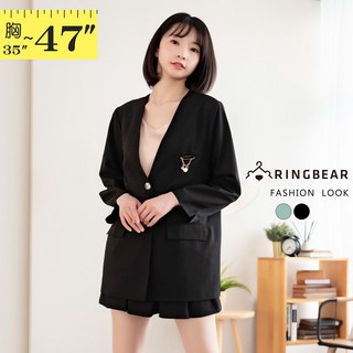 眼圈熊 中大尺碼 韓系V領兩釦薄款西裝外套 (黑/藍 L-3L) 時尚百搭