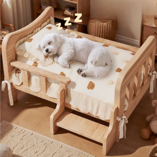 미우앤우 강아지 고양이 원목 침대 반려동물 나무침대 쿨매트 침구세트, 1개