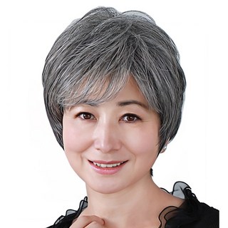 不然飾 花白髮整頂假髮，真髮女短髮，老人家髮型 - 媽媽髮型奶奶老太太髮型, 花白色, 1個
