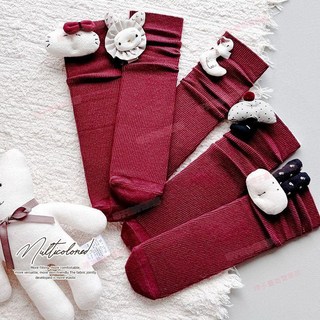 台灣出貨 卡通中筒襪女童秋冬厚款直筒保暖小腿襪女孩復古紅立體卡通長筒襪