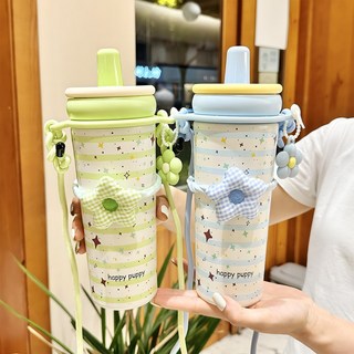 吸管保溫杯辦公室高顏值女生316不銹鋼陶瓷便攜帶背帶可愛水杯子陶瓷保溫杯保溫瓶保溫壺水壺水瓶咖啡杯果汁杯飲料杯環保杯, 綠色-波點甜心+不銹鋼內膽,720ml標配背帶+茶隔, 1個