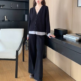 雪莉小姐 韓風 假兩件V領針織衫 長褲套裝 針織二件式套裝