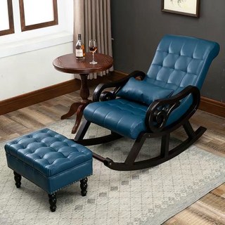 搖搖椅 搖椅 躺椅 午睡椅 陽臺休閒椅 懶人沙發 搖搖躺椅 實木搖椅 靠背椅 加固休閒搖椅 老人椅 陽臺椅 客廳, 寶藍色超纖加厚皮+腳踏 送抱枕
