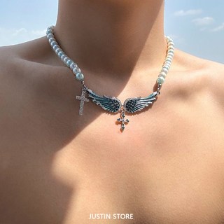 施家珍珠項鍊 男士天使翅膀鑲鋯鎖骨鏈 歐美個性百搭高級感十字架男鏈