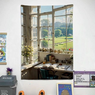 送燈串 送安裝包ins豎版窗戶風景掛布 直式掛布 掛毯 背景布 窗外風景掛布 掛畫 墻壁裝飾 房間裝飾 質感簡約掛布, 窗戶B23,小號寬0.7米高1米