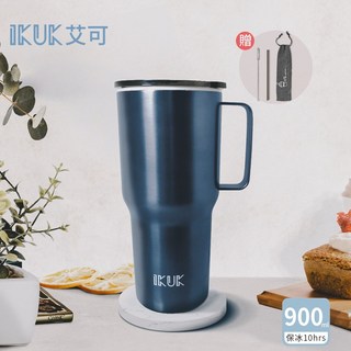 IKUK 艾可 900ml 大容量保溫杯 附手柄 保溫保冷10小時, 珍奶手把杯900ml-太平洋藍, 1個