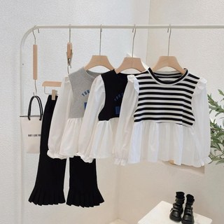 嘟嘟家女童上衣 童裝襯衣2025秋裝新款小女孩洋氣百搭泡泡袖裙式花邊拼接長袖上衣 女童衣服 女童長袖