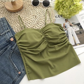 【Fee現貨6色】冰絲桃心背心，抓皺設計，肩帶可調，固定罩杯，無袖上衣，打底背心，細肩吊帶