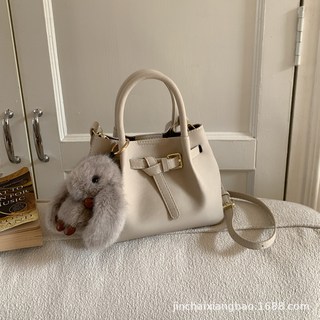 復古麂皮絨手提包 小側背包 簡約單肩斜挎包, 白色+掛件