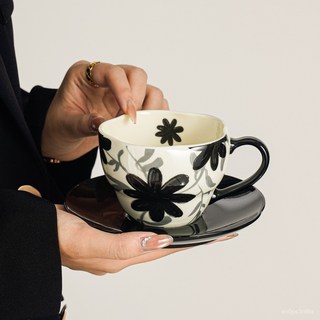 手繪花卉陶瓷咖啡杯碟套裝 高級感下午茶拿鐵杯子 小衆水杯 高檔精緻 臺灣出貨, 手捏花卉杯碟-綠色【專屬禮盒裝】,260ml, 1個