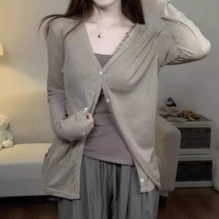 復古防曬開衫長袖慵懶2025夏女灰色薄款透氣修身空調罩衫外套上衣, 灰色,XL 建議【57.5-65.0kg】