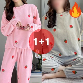 지디오 여성 기모 상하 잠옷 2개 세트 딸기 투피스 홈웨어 따뜻한 겨울 수면잠옷