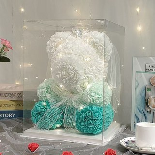 永生花 玫瑰花熊 禮盒 七夕情人節 生日禮物 送女友 閨蜜 浪漫玫瑰花熊, 小號頭紗皇冠紅獸+禮盒燈帶賀卡