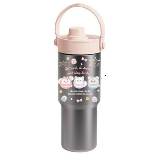 Twinko 兔茸茸達摩軟萌開運款陶瓷保溫杯 735ml, 好運兔茸茸-達摩三寶, 粉蓋霧面銀, 1個