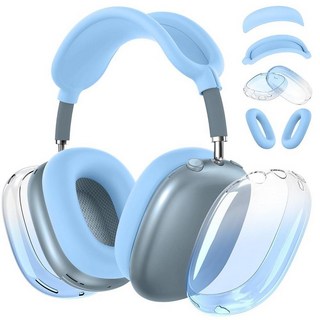 [4 in 1] 에어팟[호환] 맥스 헤드폰용 실리콘 케이스 커버 투명하고 부드러운 TPU 이어 컵 커버/이어 패드 케이스/헤드밴드 맥스2024/2020 맥스USB-C용 투명 액, Blue-TMJB