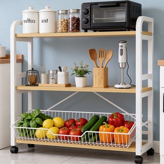 소프트엣지 이동식 렌지대 주방 수납장, 우드+화이트 프레임, 3단