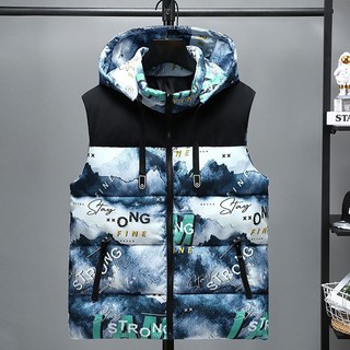 ROYALBELLE 남성 프린팅 두꺼운 후드 패딩 베스트 루즈핏 편안한 기본 데일리 패딩 조끼 K0101507