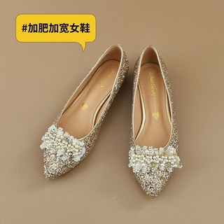 羊皮婚鞋秀禾鞋粗跟亮片禮服鞋宴會鞋寬胖腳大碼簡約5-9cm, 金色,35