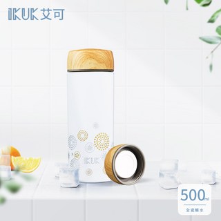 IKUK艾可 500ml陶瓷內膽保溫杯 木紋蓋 輕巧保溫瓶, 花火白, 1個, 500ml