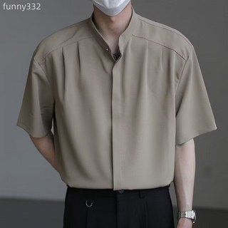 潮牌夏季新款中式立領垂感壓褶純色短袖襯衫男士立體裁剪中袖上衣