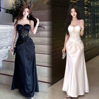 白色黑色細肩帶綢緞蕾絲過膝長裙洋裝晚禮服氣質伴娘婚禮宴會小禮服腰身性感尾牙春酒聖誕節情人節夜店韓版酒店, 白,M