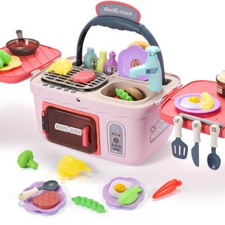 手提野餐小廚房玩具套裝 仿真聲光 食物變色 角色扮演遊戲, 馬卡粉, 1個