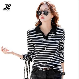 여성용 줄무늬 폴로 티셔츠 봄 가을 심플 골프티 브이넥 면소재 상의 카라 골프웨어 일상 슬림핏 클래식 폴로티 셔츠 면티