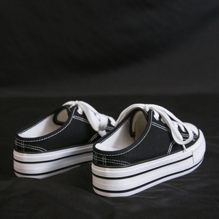 JIANLE PAI 簡約車線半包厚底帆布鞋 黑白色款 學生休閒穿搭