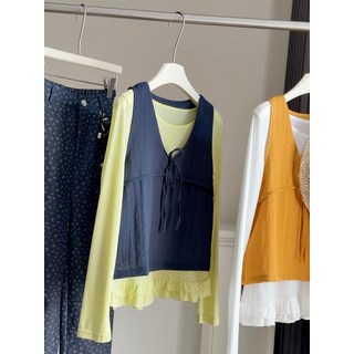 【時髦疊穿】馬甲兩件套 韓版馬甲 背心馬甲 棉麻馬甲 長袖T恤 打底衫 春裝新款 綁帶設計 寬鬆慵懶風 內搭外穿皆宜