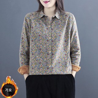ROYALBELLE 여성 잔꽃무늬 기모 안감 따뜻한 루즈핏 버튼 내추럴 긴팔 셔츠 K0100704