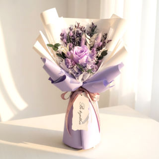 데이나 생화 프리저브드 꽃다발 + 쇼핑백(40cm), 라벤더 퍼플