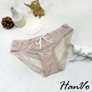 【HanVo】性感蕾絲蝴蝶結內褲 中低腰舒適透氣洞洞薄紗三角褲 女生內褲 透氣內褲 女內褲, 膚粉