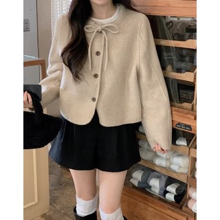 【法式減齡】小香風外套 呢子外套 短外套 秋冬外套 蝴蝶結繫帶 圓領設計 粗花呢面料 簡約通勤 韓系ins風