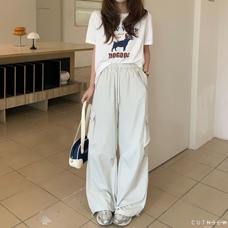 CUTNSEW 82115 多口袋束腳工裝褲 高腰寬褲 鬆緊腰長褲