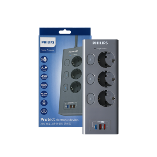 필립스 멀티탭 맥스USB 서지보호 고용량 개별스위치 고속충전, 1개, 그레이 CHP6732GA, 2m