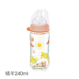 【NIP】德國製專利防脹順哺玻璃/PP奶瓶加贈母乳儲存蓋-拇指/圓型(M號奶嘴), 1個, 玻璃圓型 橘羊240ml-A款螺牙, 橘羊, 240ml