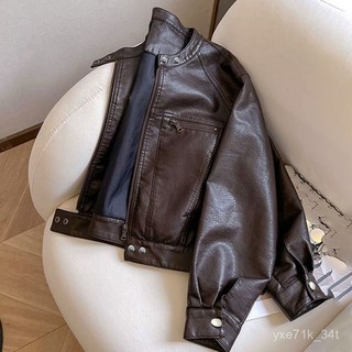 皮衣外套女春秋2025複古港風新款機車PU短款小個子寬鬆立領皮夾克