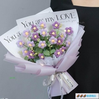 手工編織針織花束 畢業花束 母親節禮物 女友閨蜜生日禮物 情人節送媽媽, 1個, 12朵+1漸變粉玫瑰 成品送燈禮袋