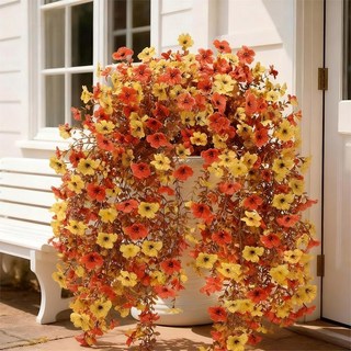 지굿즈 2종 야외용 인공 꽃꽂이 식물 세트 유칼립투스 덩굴 자외선 저항성이 있는 현실적인 가짜 꽃바구니를 야외 현관 정원 마당 데코용 인조, Orange and Yellow, 2PCS