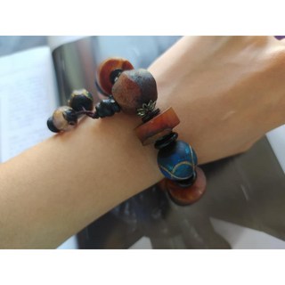黃藍綠 三彩老琉璃珠 風化玉瓍盤朱 黑紫檀手珠 手圍17cm手鍊, 1個