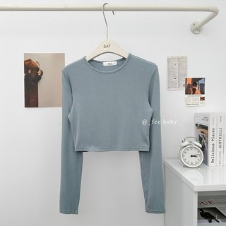 G.A.T 韓國 正韓彈力圓領短版上衣，彈力直坑條薄棉內搭長袖上衣，多色可選，修身顯瘦，時尚百搭